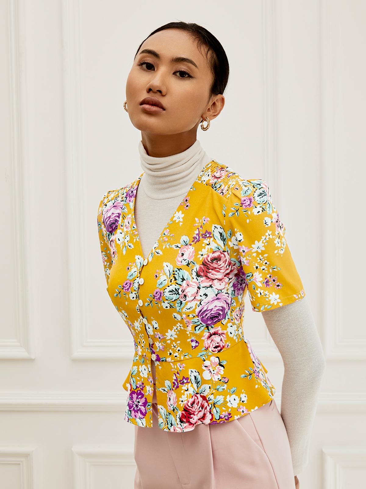 Peplum Floral Short Sleeve Blouse - Yellow