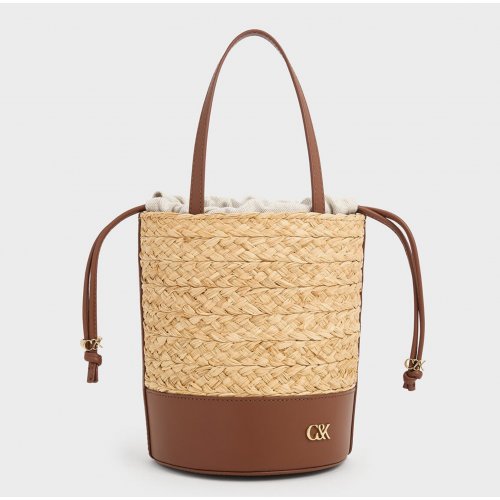  Leather & Raffia Bucket Bag - Brown 