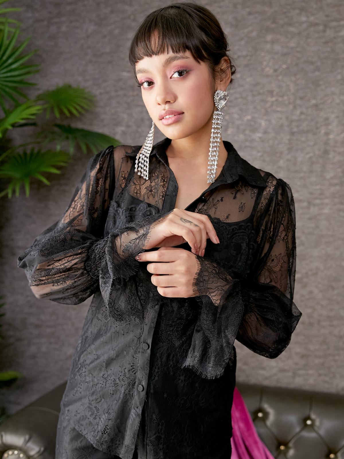 Sheer Lace Button Up Shirt - Black