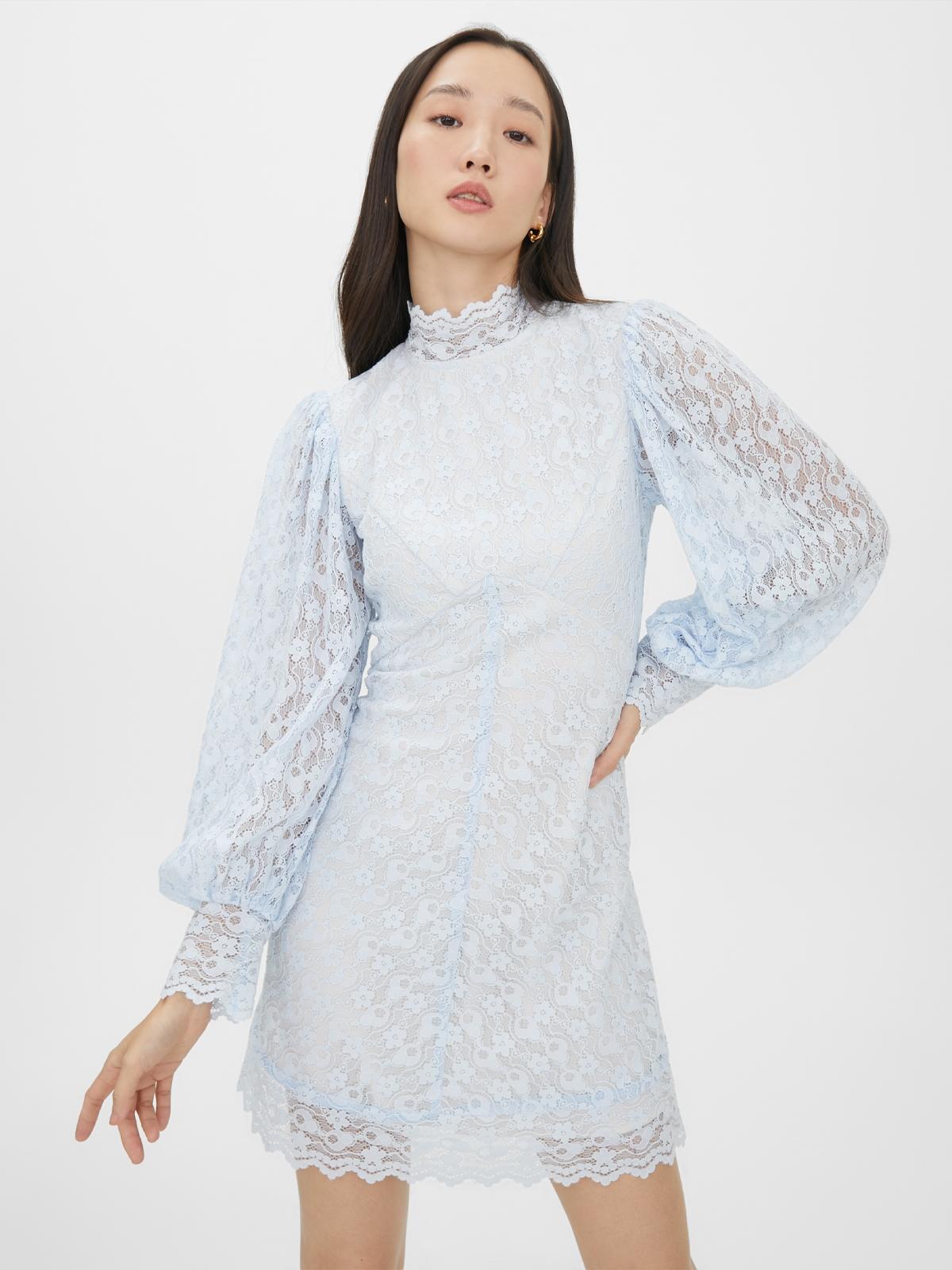 Long Puffed Sleeve Lace Mini Dress - Blue