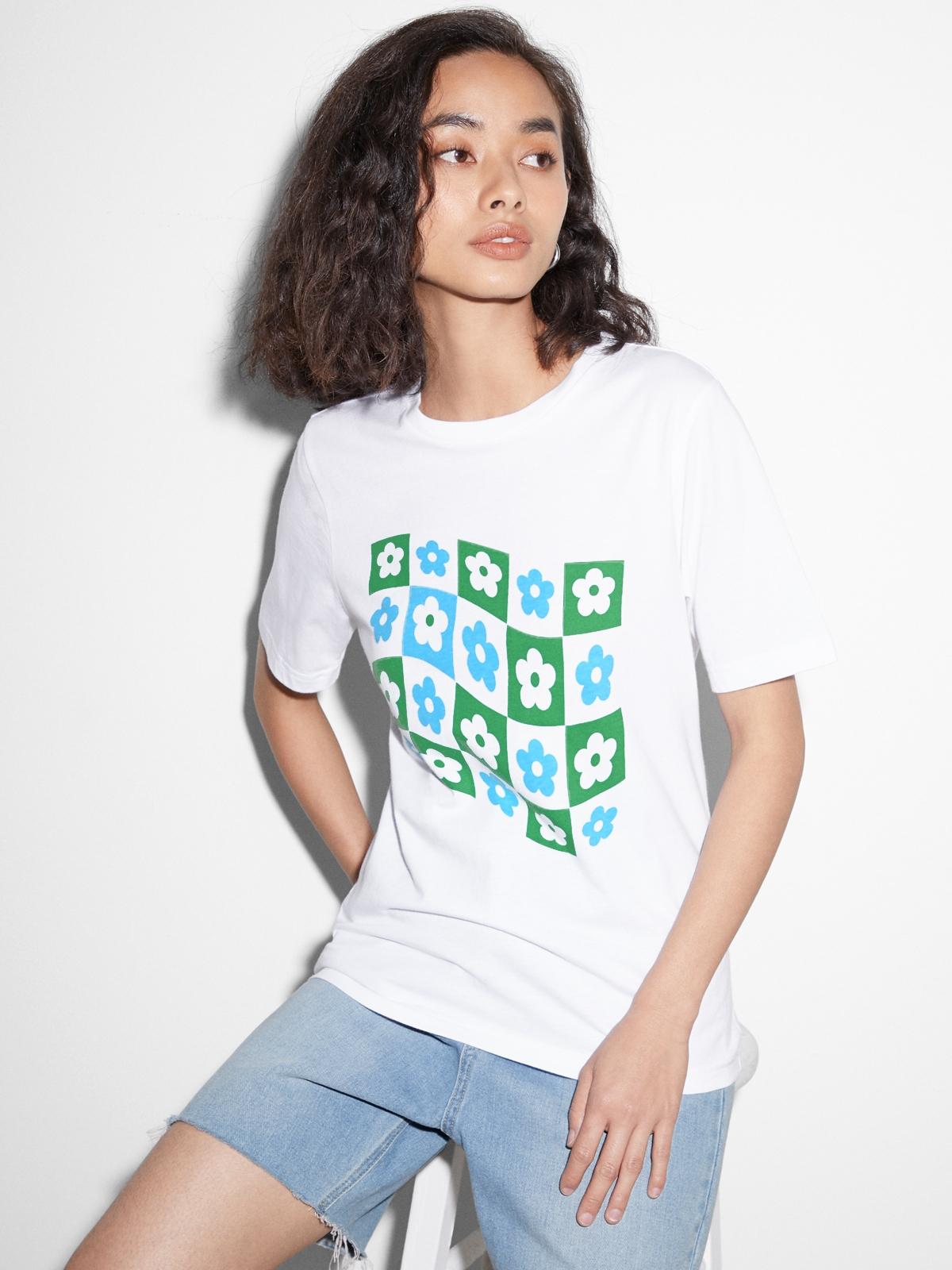 Sustainable Cotton Flower Grid Graphic Tee - White