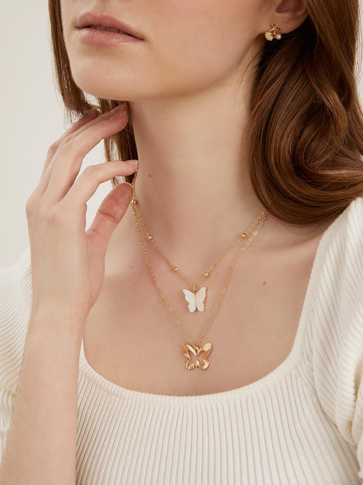 Butterfly Pendant Layered  Necklace - Gold