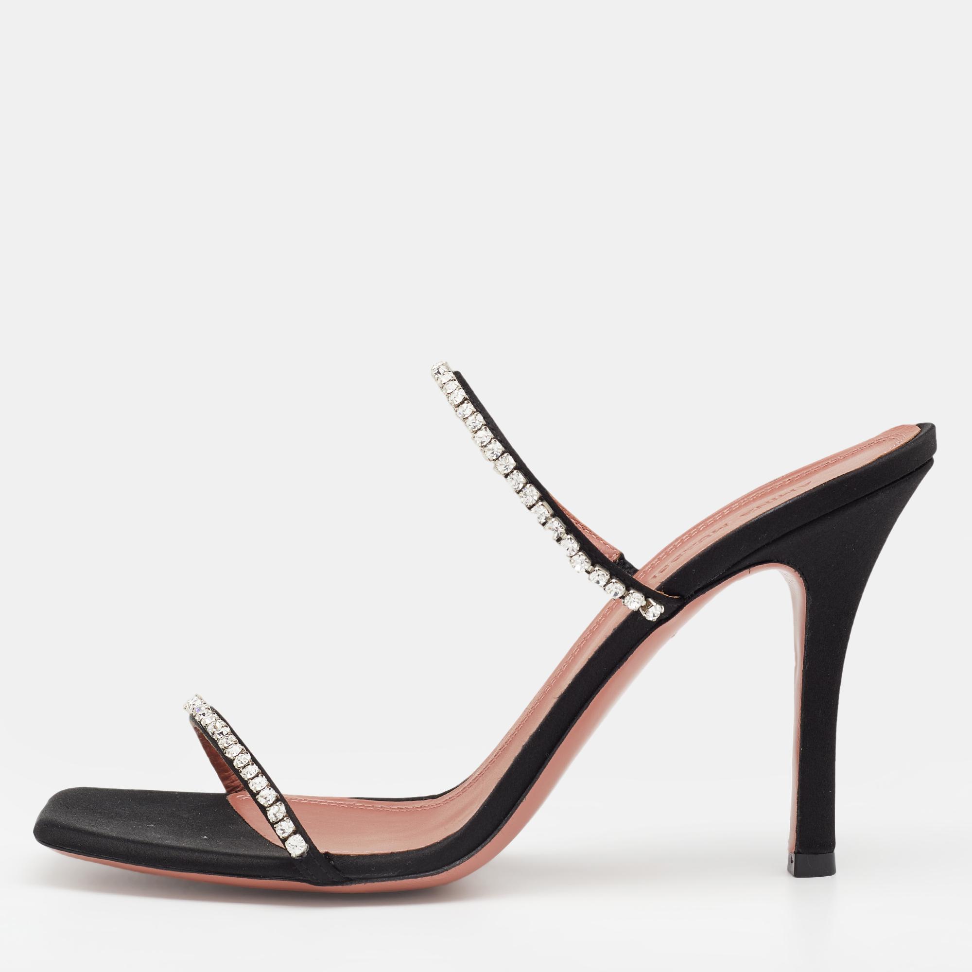 Amina Muaddi Black Satin Crystal Embellished Glida Slide Sandals Size 40