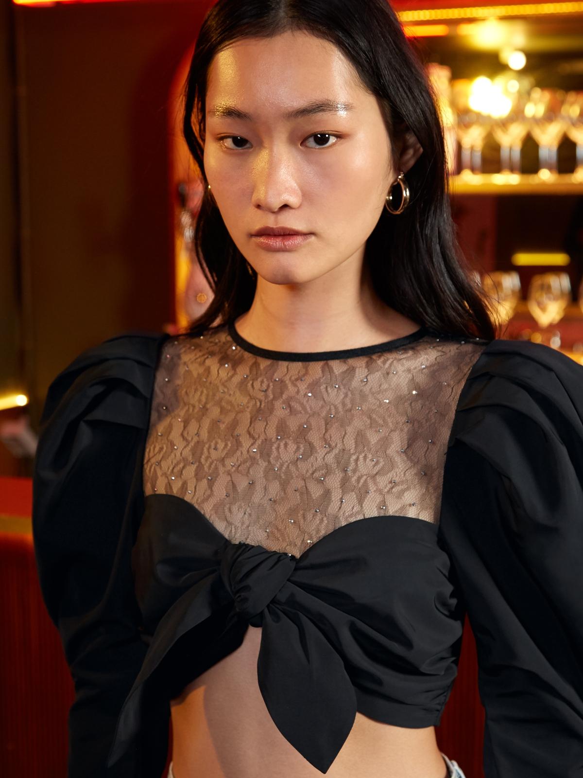 Puffed Sleeve Bow Crop Top - Black