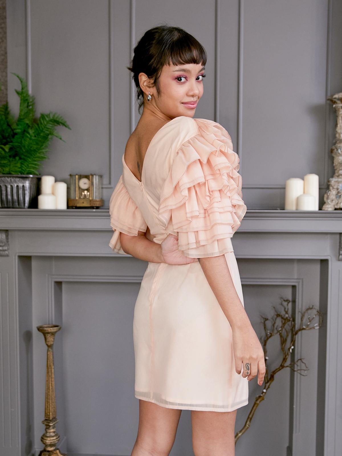 Layered Ruffles V Neck Dress - Peach