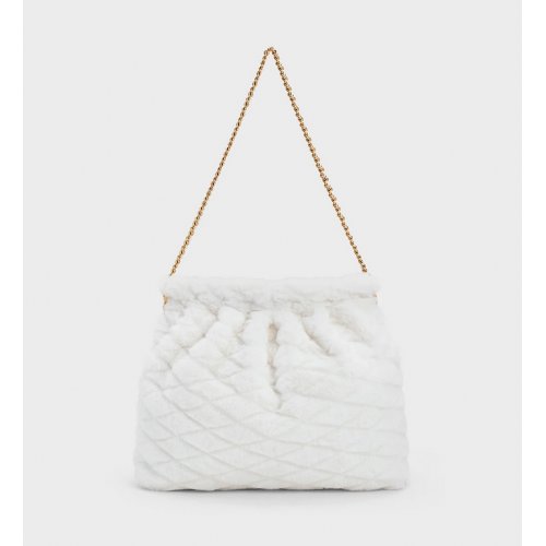  Duo Furry Chain-Handle Hobo Bag - White 