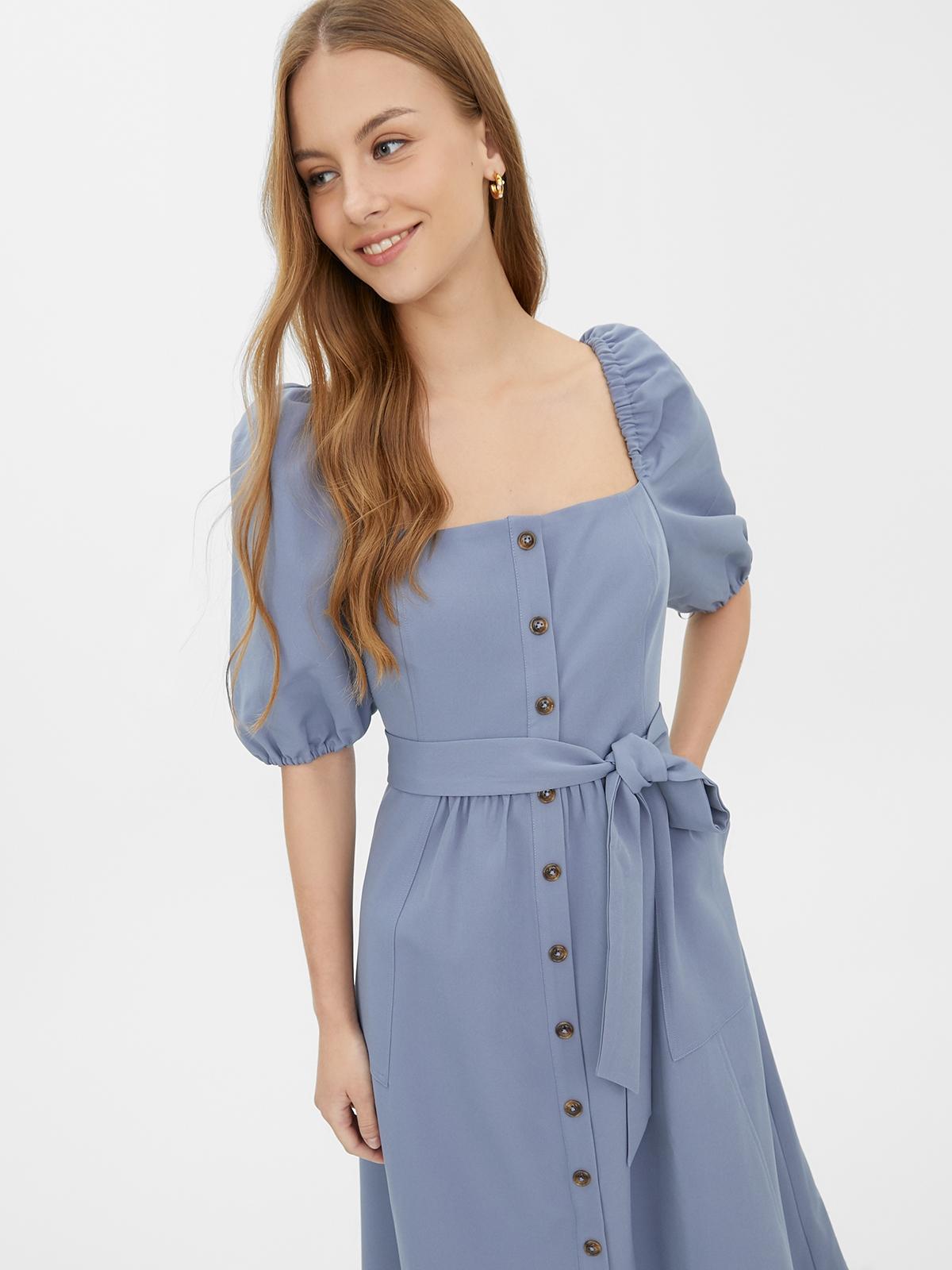 Puffed Sleeve Button Down Midi Dress - Blue