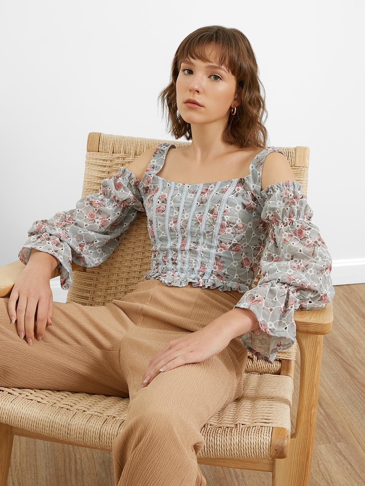 Puffed Long Sleeve Blouse - Blue