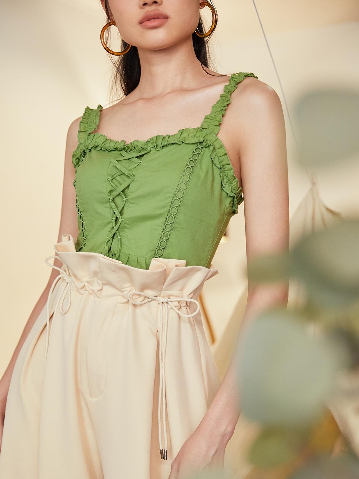 Pleated Paper Bag Pants - Cream