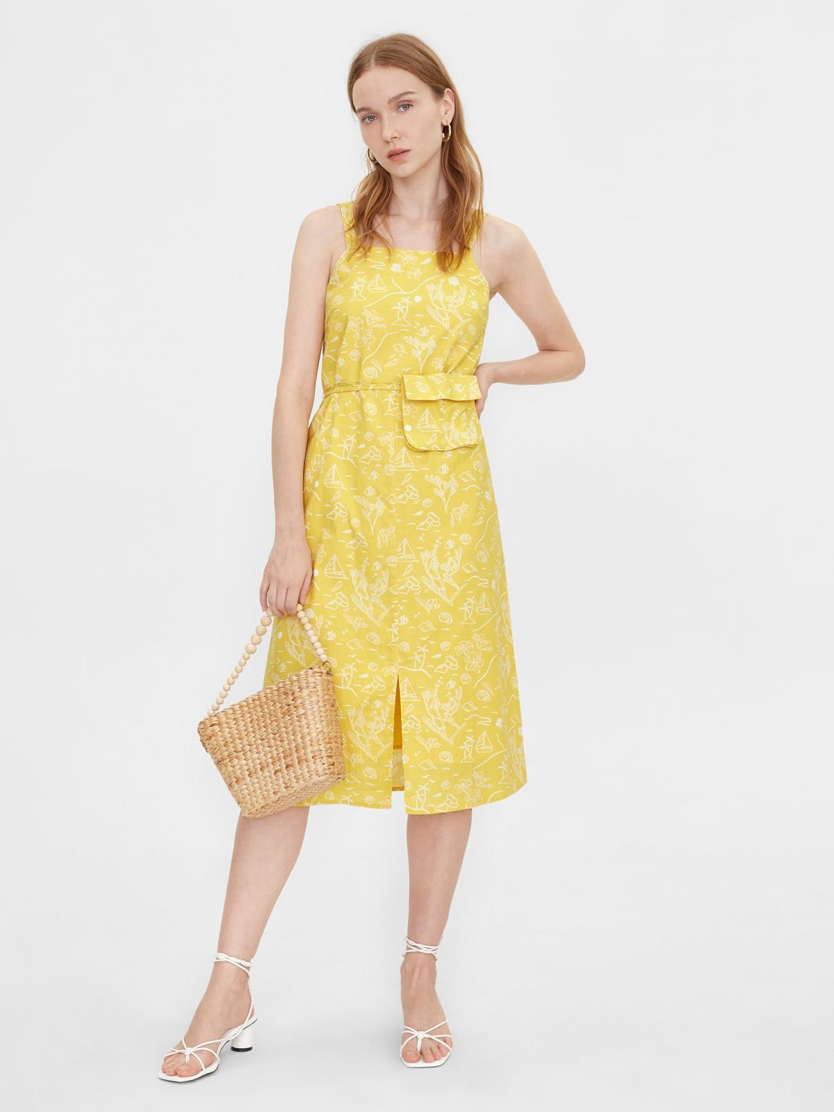 Purpose Beach Print Front Slit Dress - Yellow