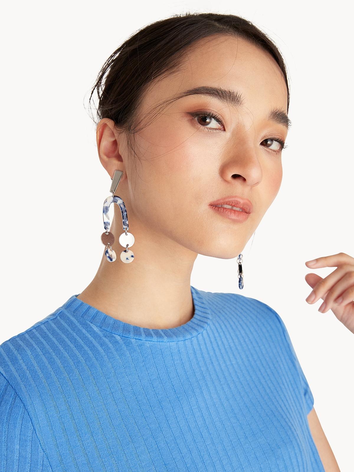 Marbled U Double Drop Earrings - Blue