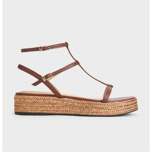 Leather T-Bar Espadrille Sandals - Brown