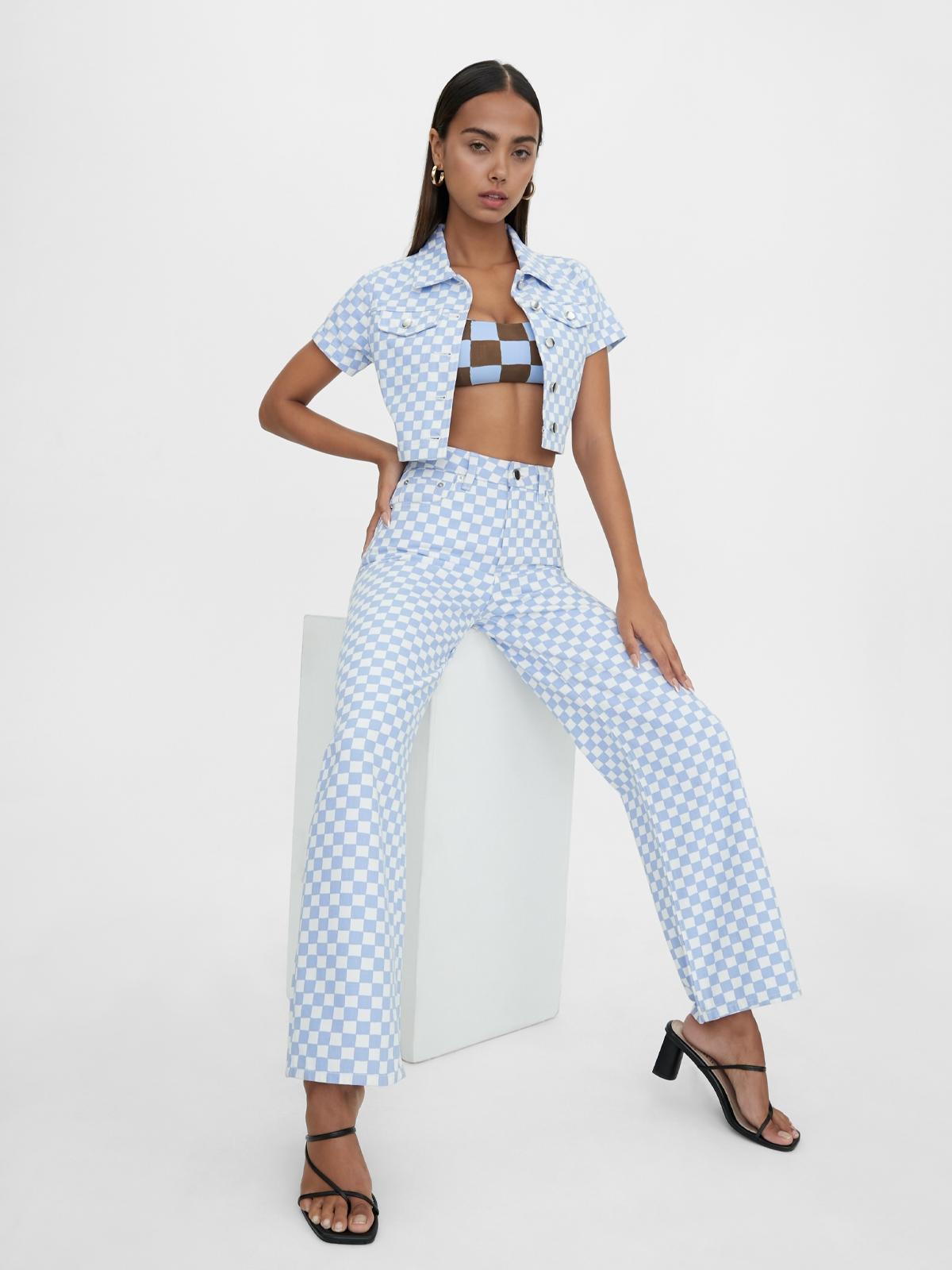 Sustainable Checkered High Waist Jeans - Blue