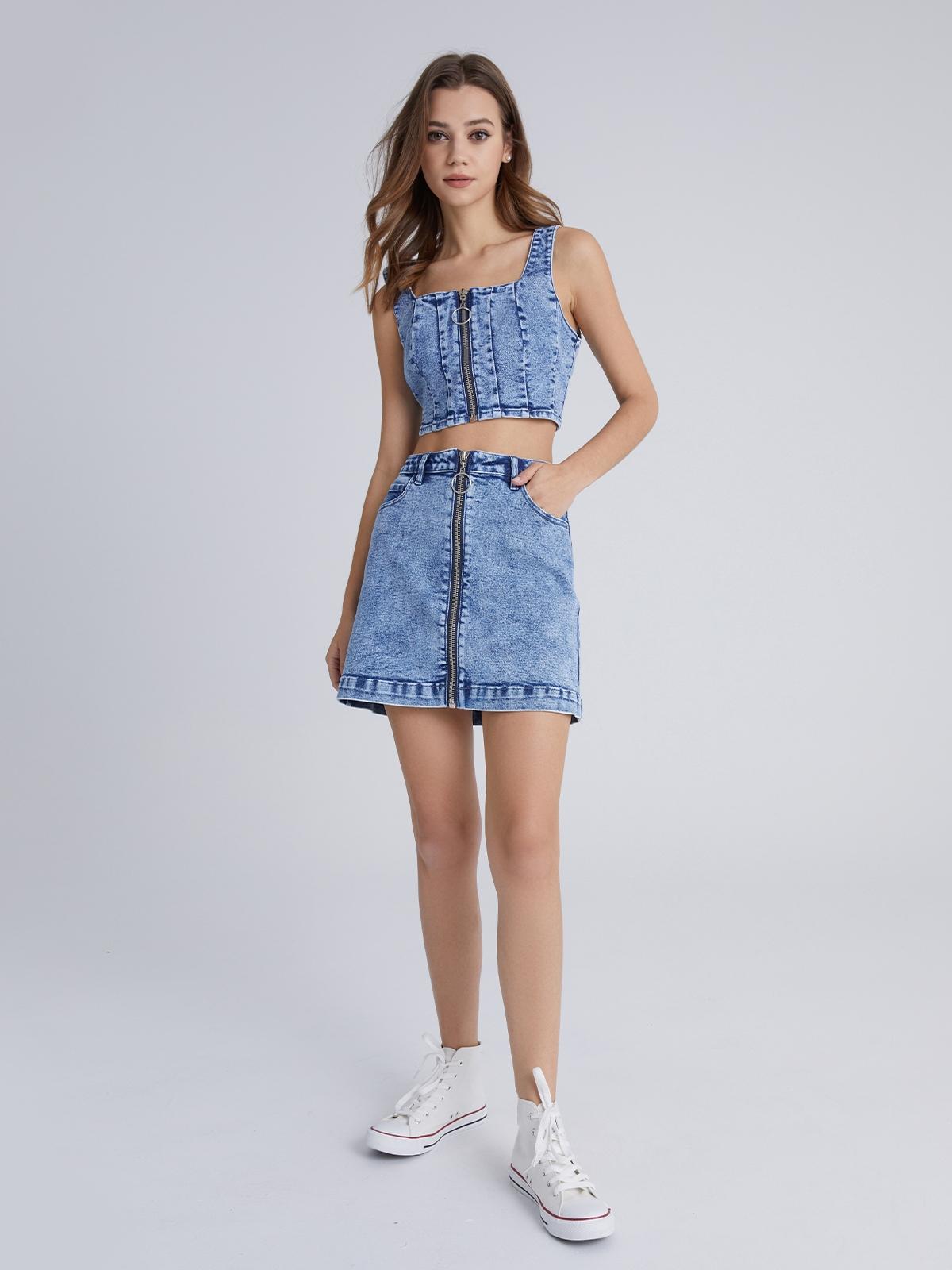 Zip Front Mini Denim Skirt - Sky Blue