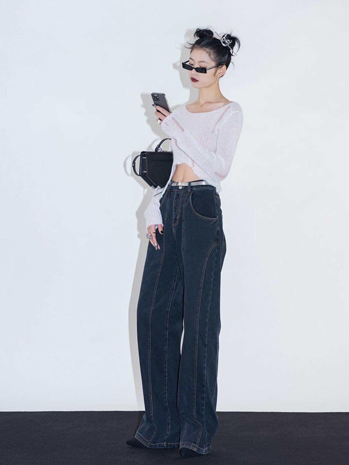 Wide Leg Jeans - Washed Black