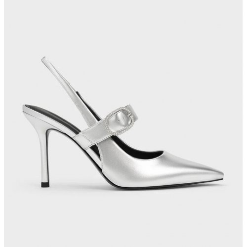  Metallic Crystal-Buckled Pumps - Silver 