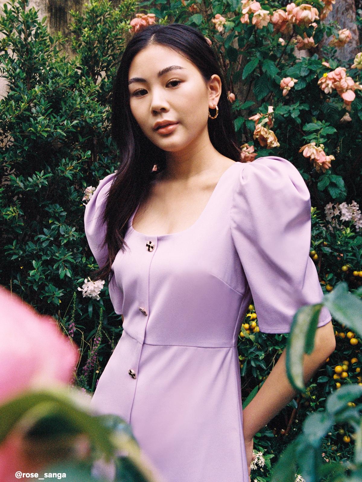 Mini Button Down Puffed Sleeves Dress - Purple