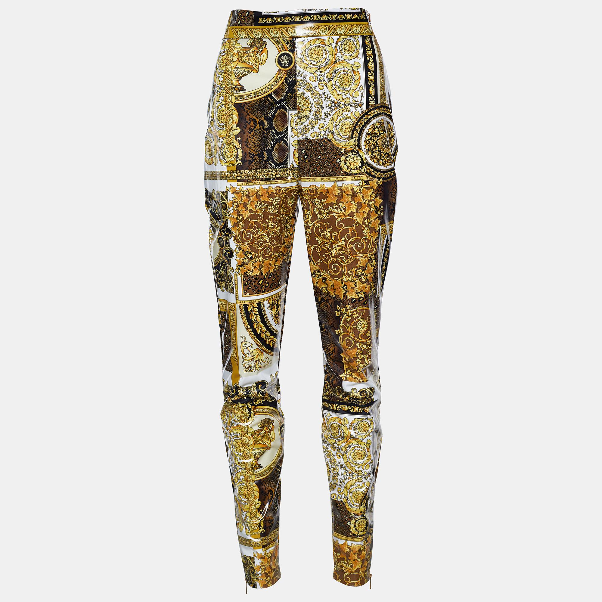 Versace Gold & Black Coated Knit Barocco Print Leggings M