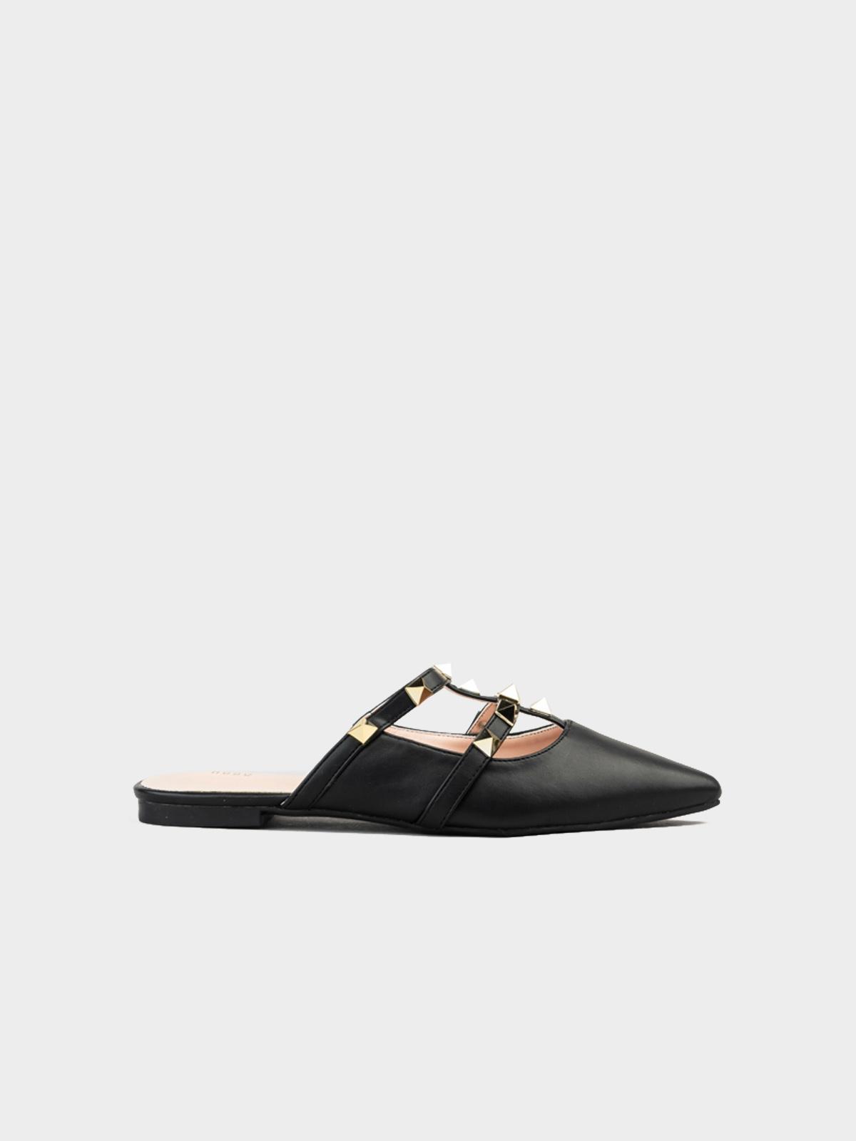 Metal Stud Flat Mule - Black