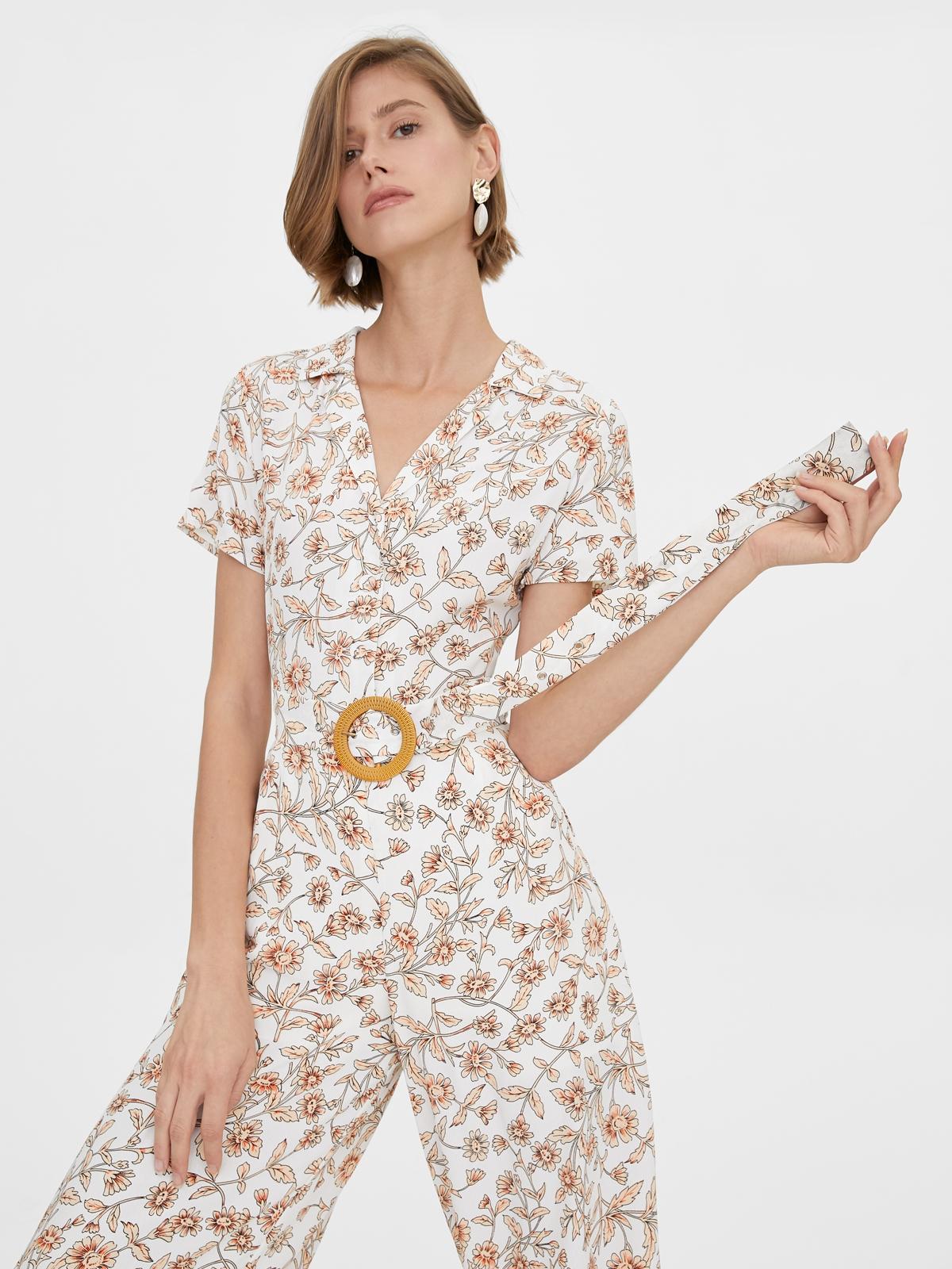 Floral Oval Buckle Jumpsuit - White