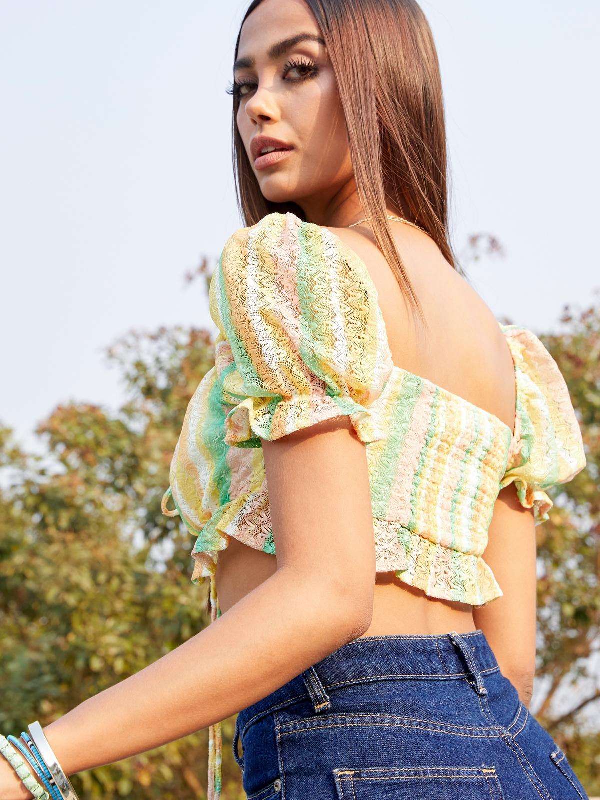 Striped Lace Up Crop Top - Multi Color