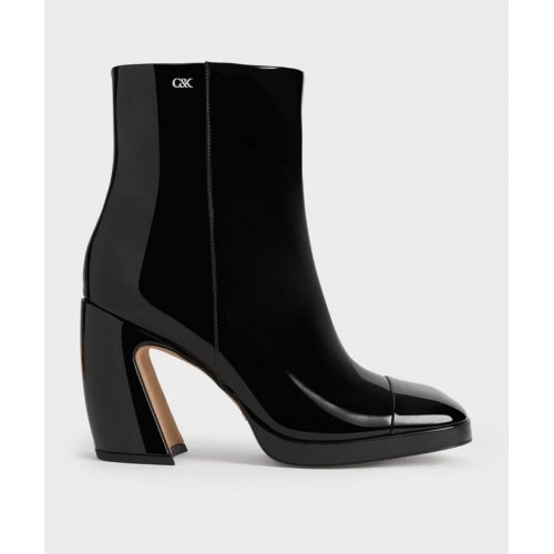  Jyll Patent Leather Sculptural-Heel Ankle Boots - Black Patent 