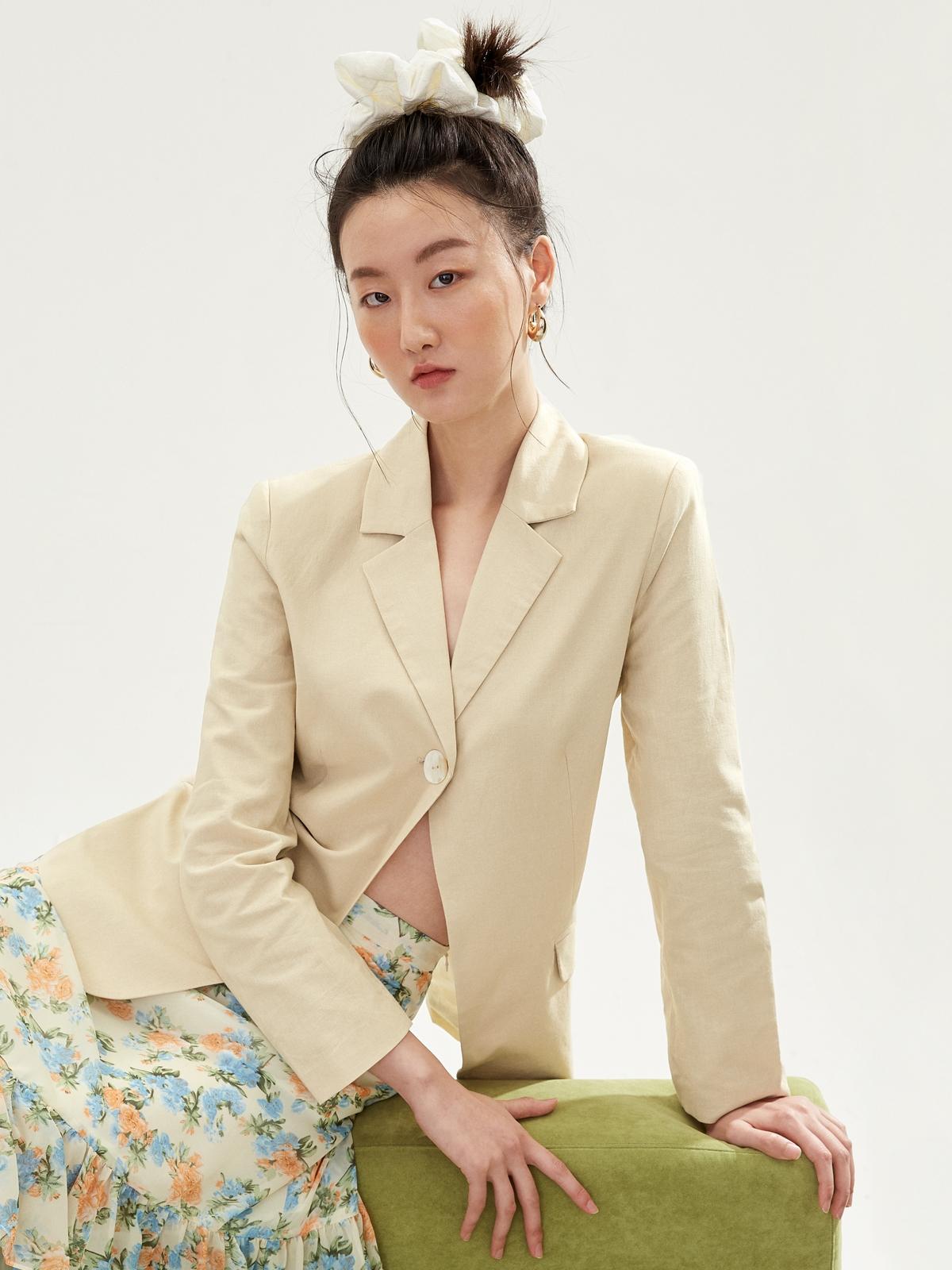 Single Button Oversized Blazer - Beige