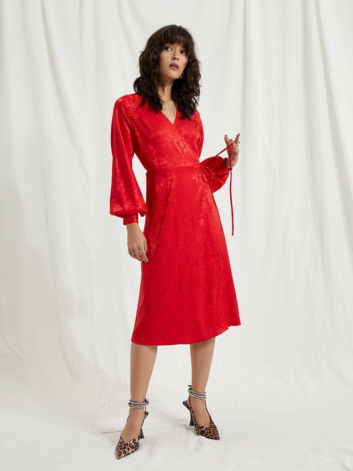 V Neck Long Sleeve Dress - Red