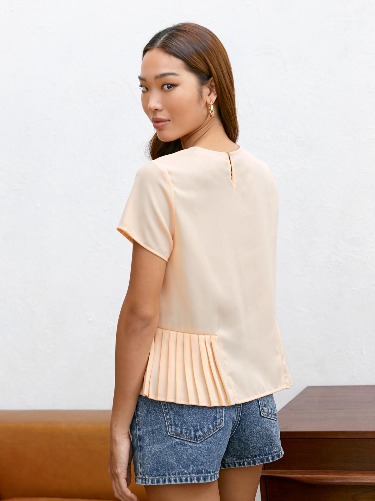 Round Neck Pleated Hemline Top - Cream