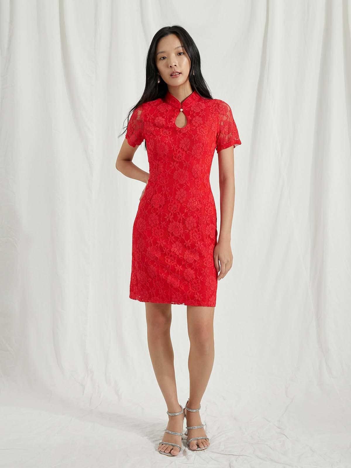 Short Sleeve Lace Mini Dress - Red