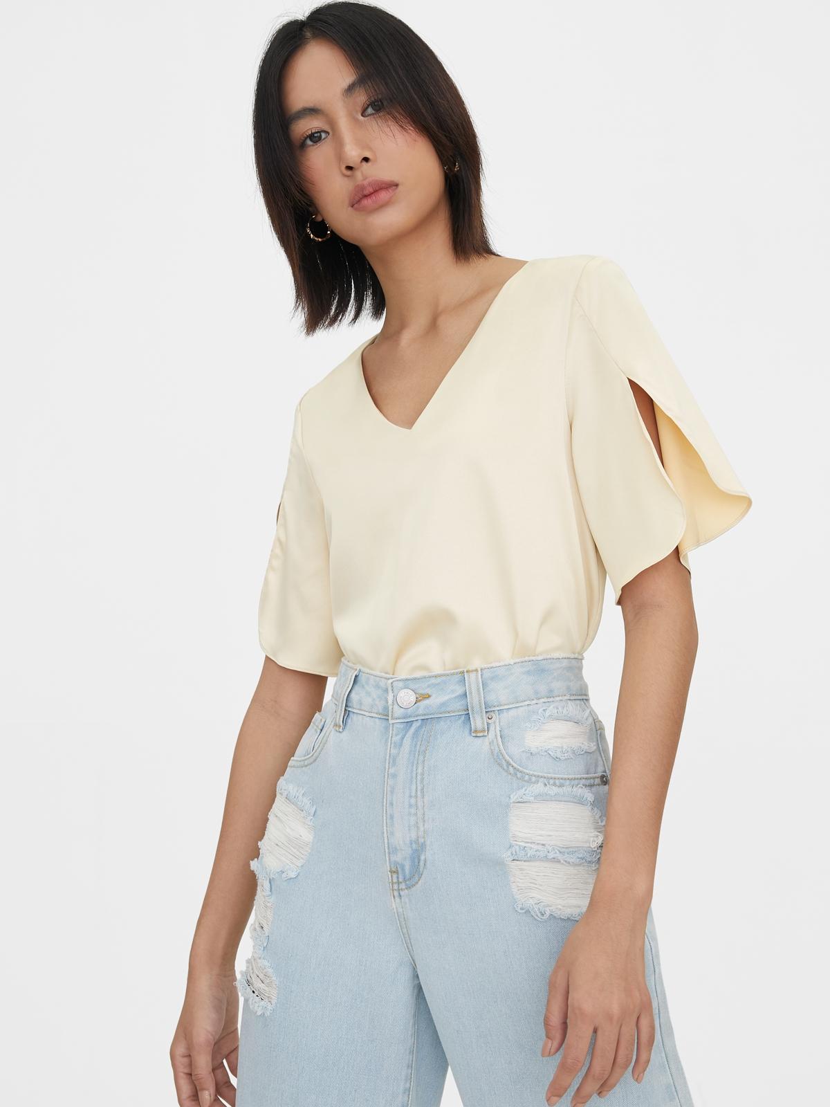Slit Sleeves V Neck Bodysuit - Cream