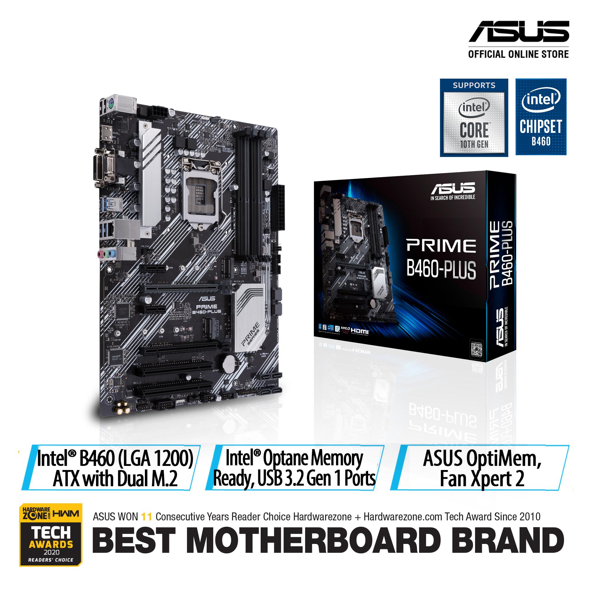 ASUS PRIME B460-PLUS Intel® B460 (LGA 1200) ATX motherboard with RGB headers, dual M.2, DDR4 2933MHz, HDMI, D-sub, DVI, USB 3.2 Gen 1 ports, Intel® Optane memory ready, SATA 6 Gbps