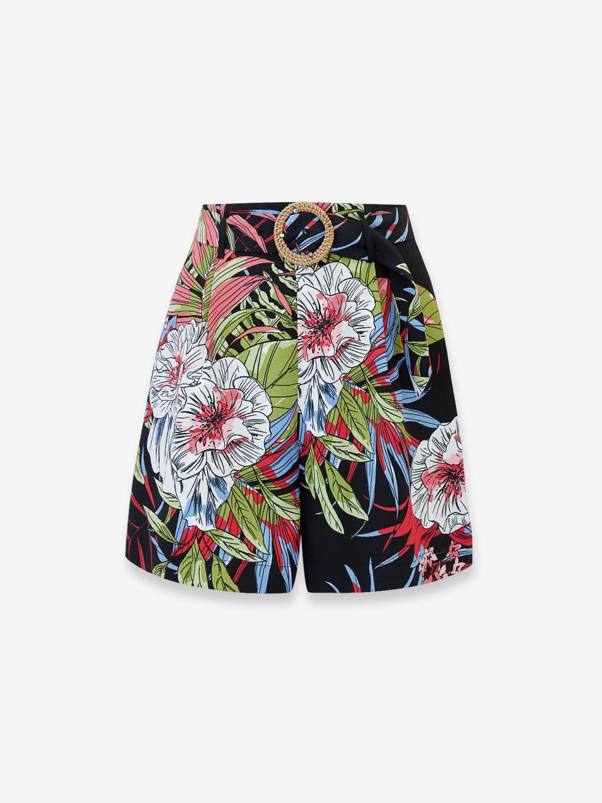 High Waist Tropical Print Belted Short - Black