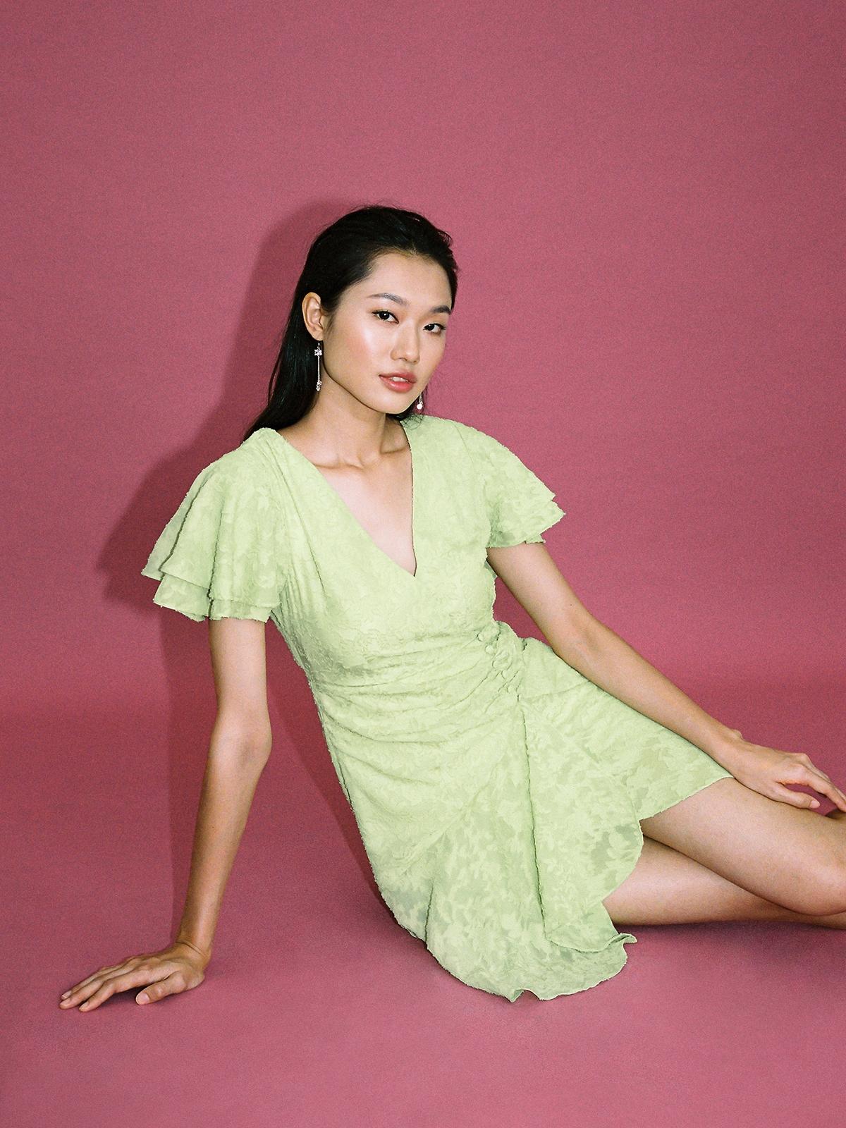 Frilled Drape V Neck Dress - Green