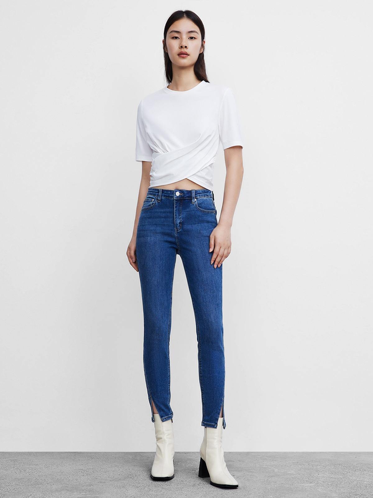 Plain Ruched Front Tee - Ivory White