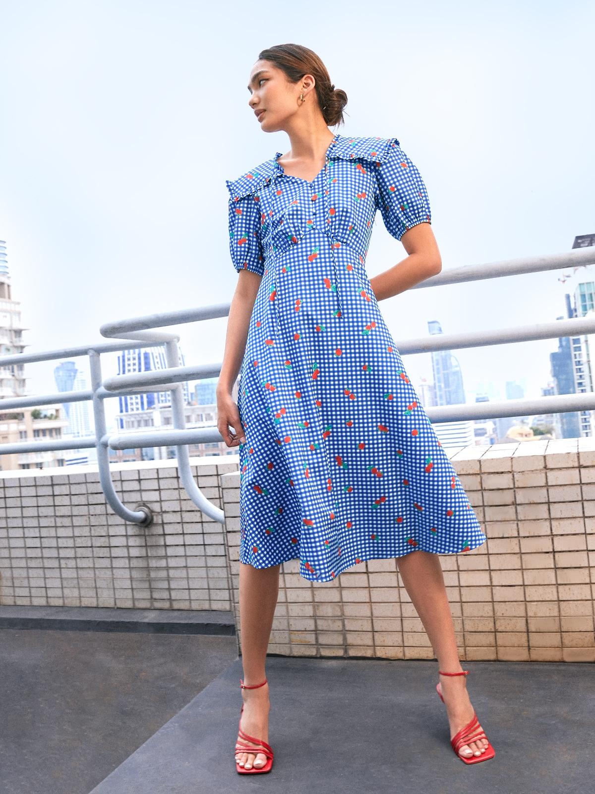Raspberry Checkered Print Midi Dress - Blue