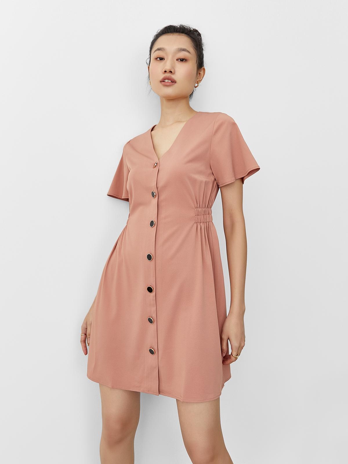 V Neckline Mini Dress - Blush