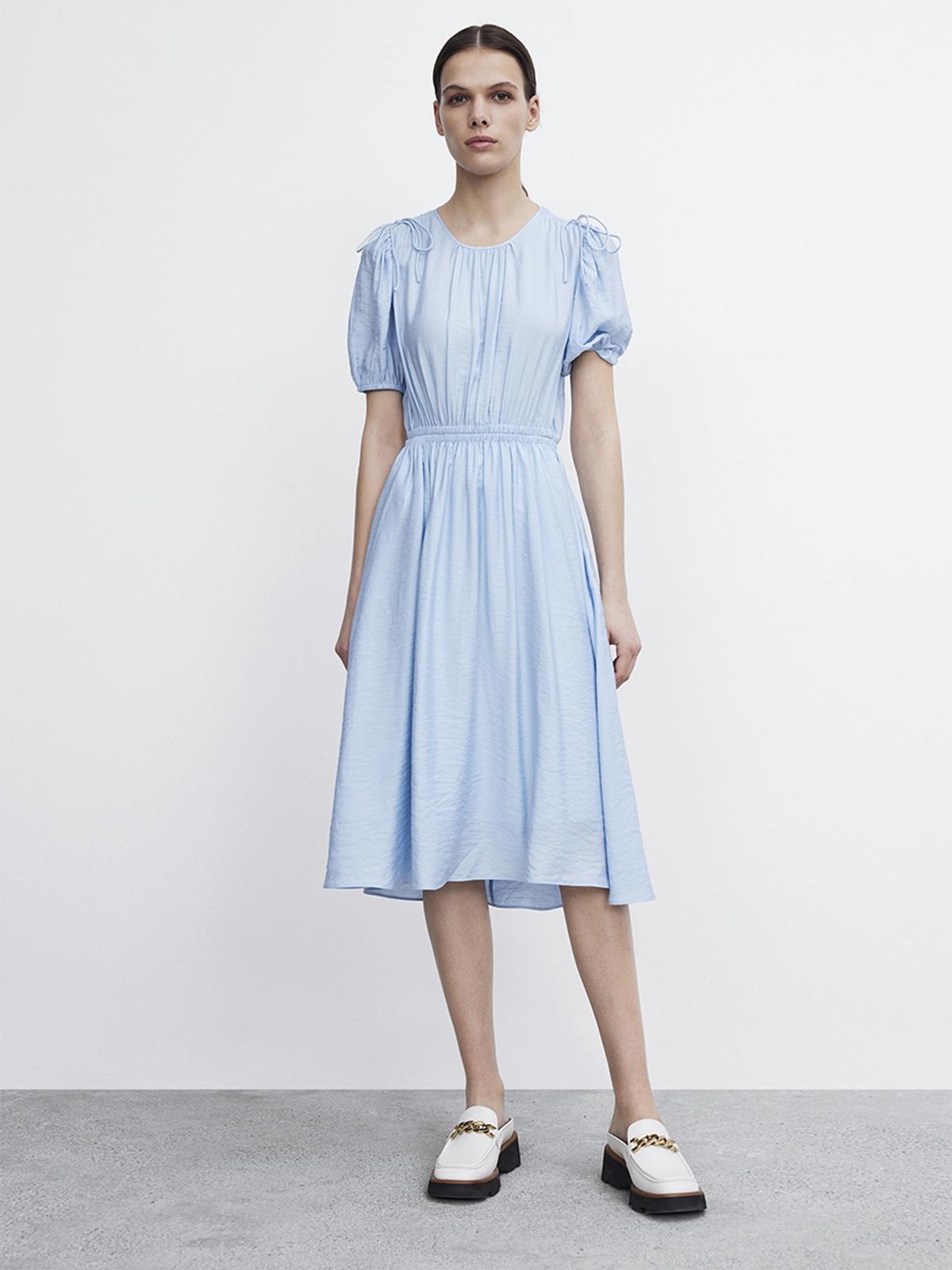 Puffed Sleeve Midi Dress - Blue