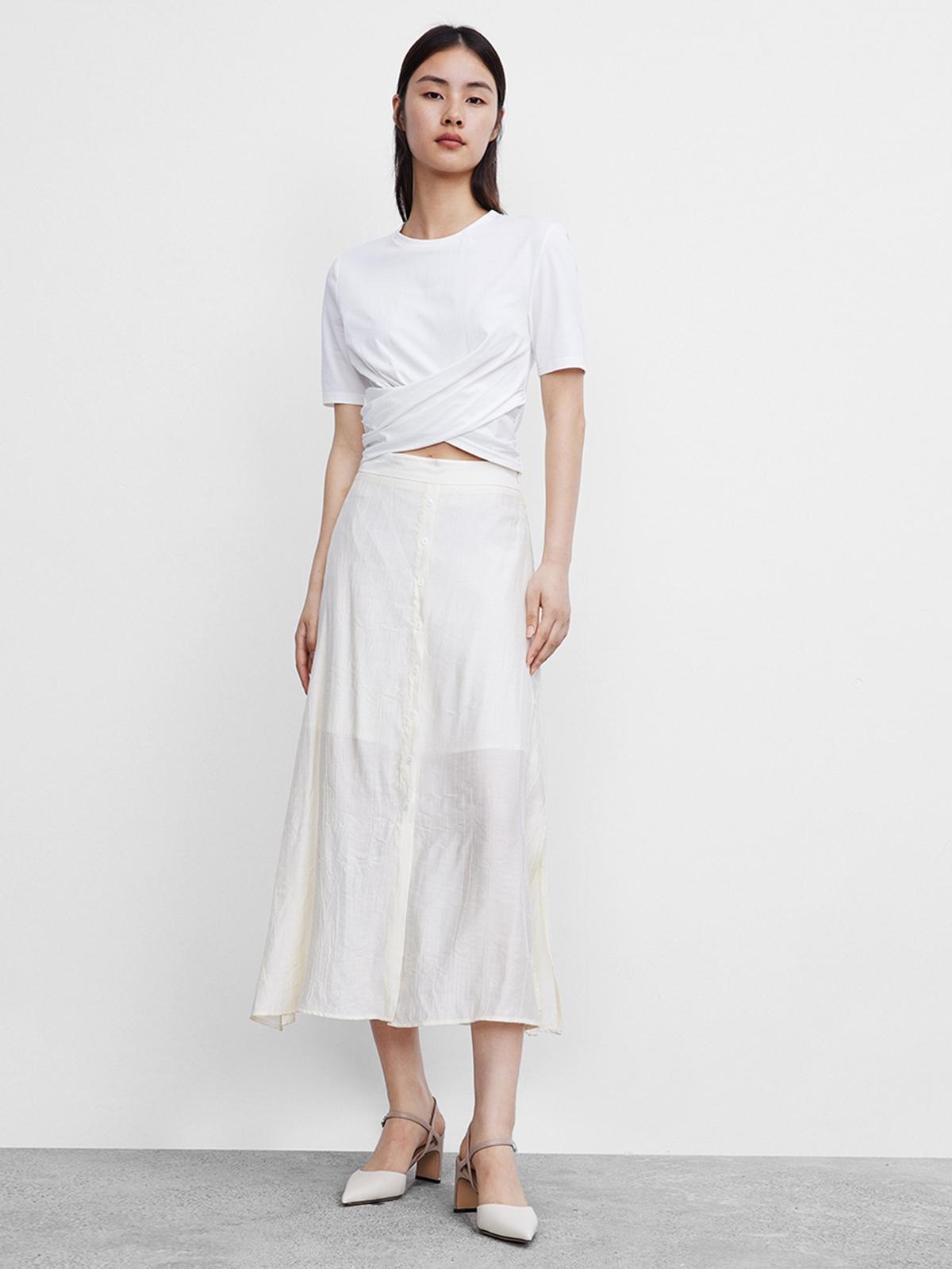 Button Front A-line Skirt - Ivory White