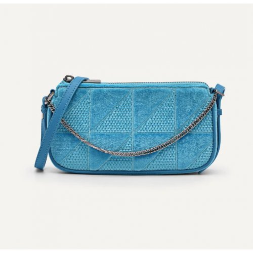 Maddy Velvet Chain Detailed Shoulder Bag - Cyan 