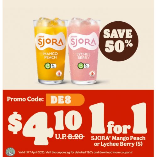 Refresh yourself with 50% off 1-for-1 SJORA® drinks!
