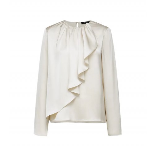 Satin Round Collar Ruffle Layered Long Sleeves Blouse