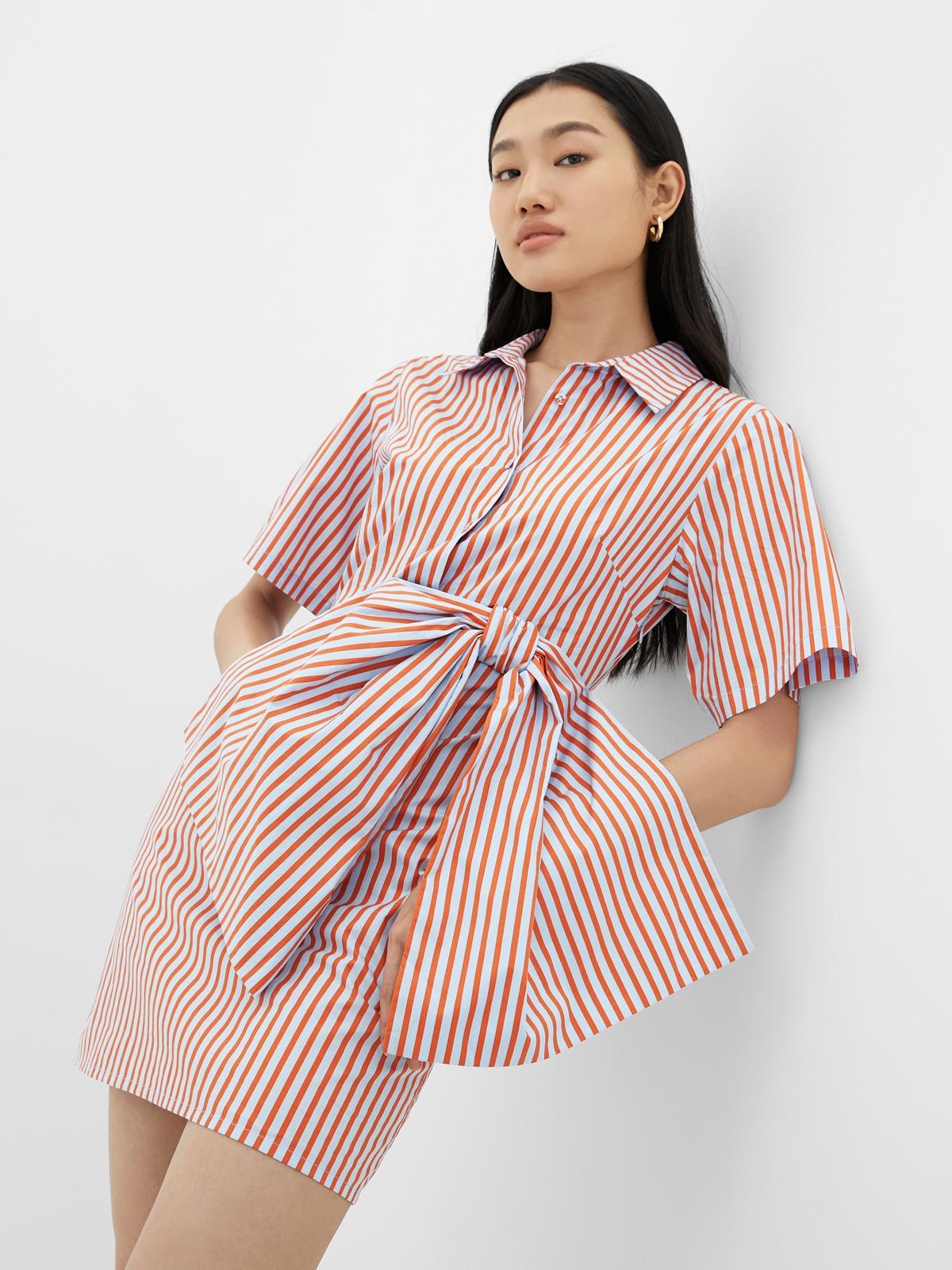 Striped Tie Waist Dress Shirt - Orange