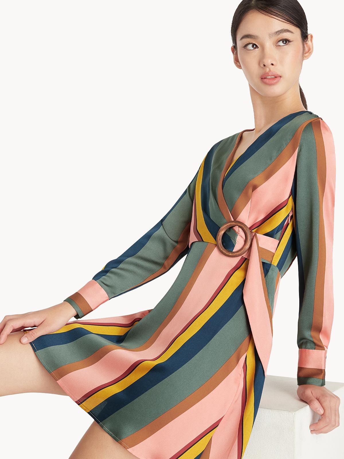 Striped Belted Wrap Dress - Multi Color