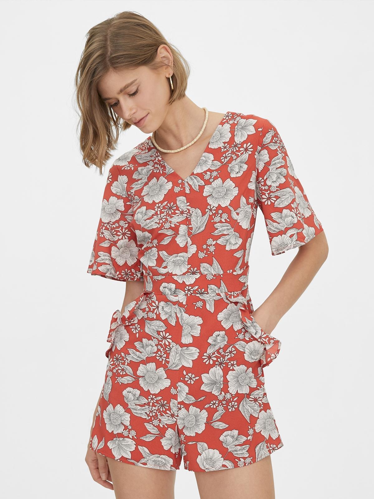 Floral Print Ruffle Hem Romper - Orange