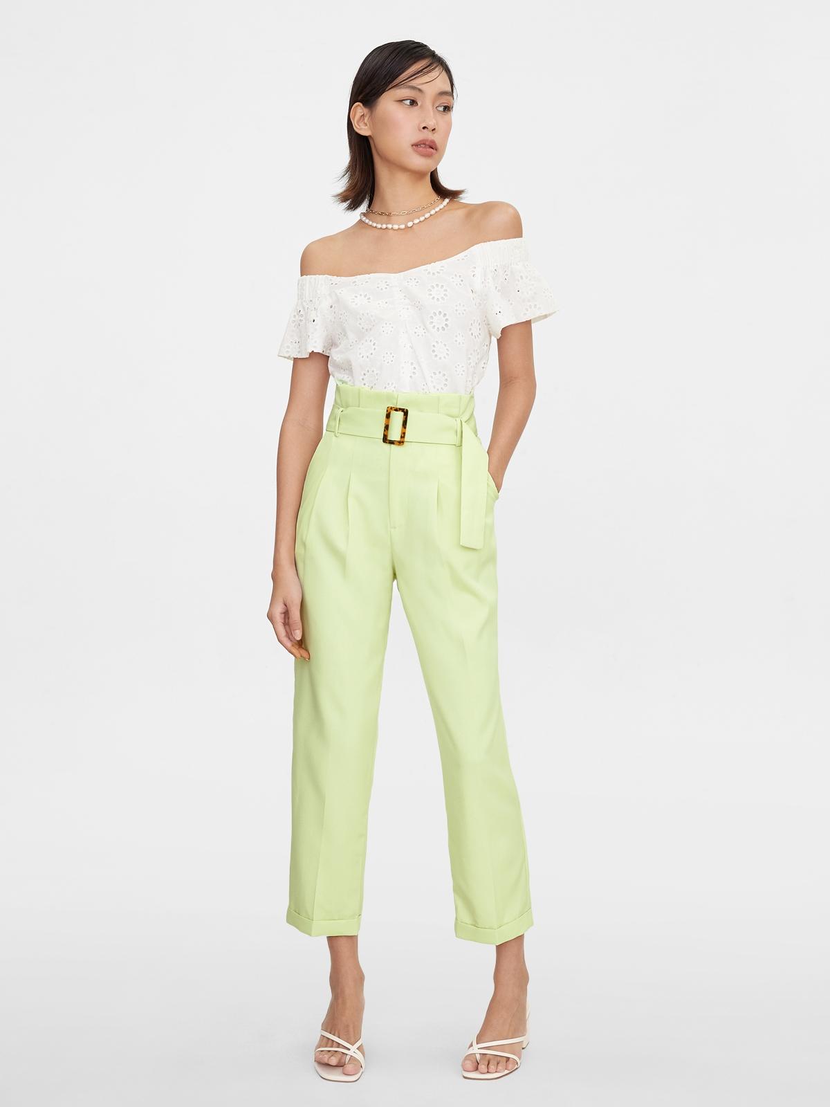 Tortoise Belt Cigarette Pants - Neon Yellow