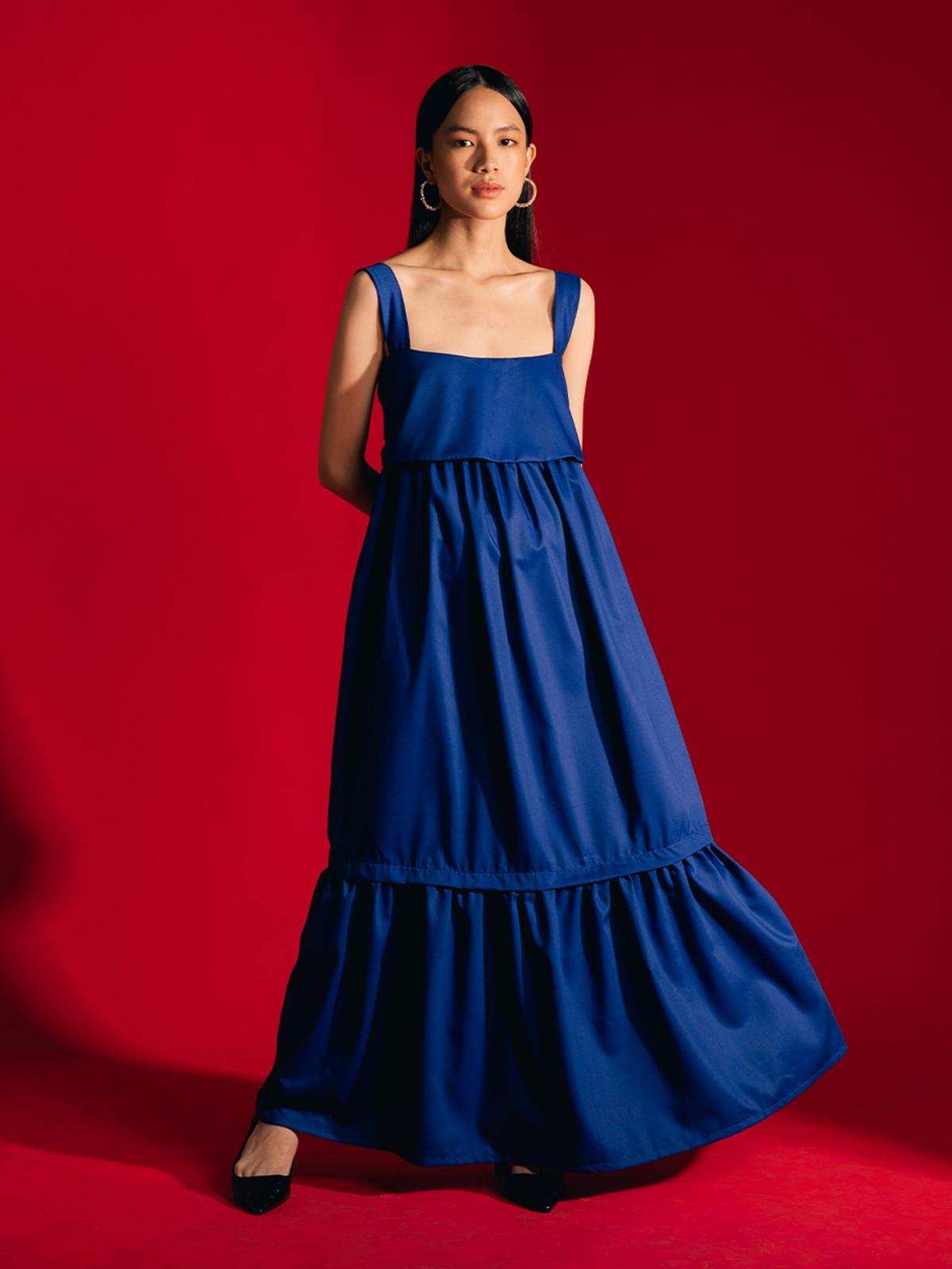 Lois Square Neck Tiered Dress - Navy