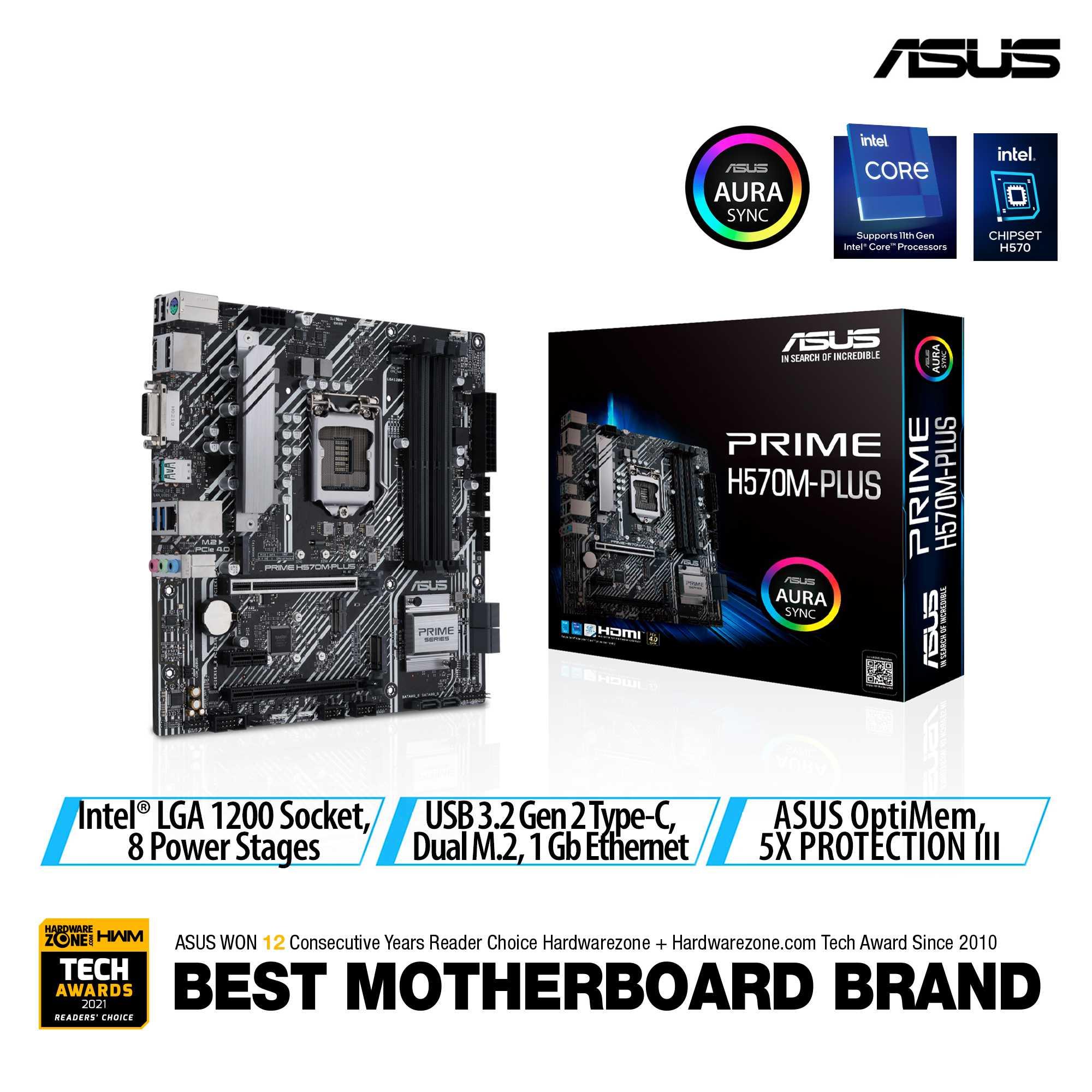 ASUS PRIME H570M-PLUS Intel® H570 (LGA 1200) micro ATX motherboard with PCIe® 4.0, 8 power stages, DisplayPort™, HDMI®, DVI, SATA 6 Gbps, USB 3.2 Gen 2 Type-C®, Intel® 1 Gb Ethernet, Thunderbolt™ 4 header support, and Aura Sync RGB lighting