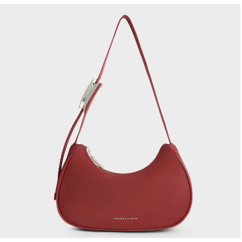 Nylon Curved Metallic-Accent Shoulder Bag - Red
