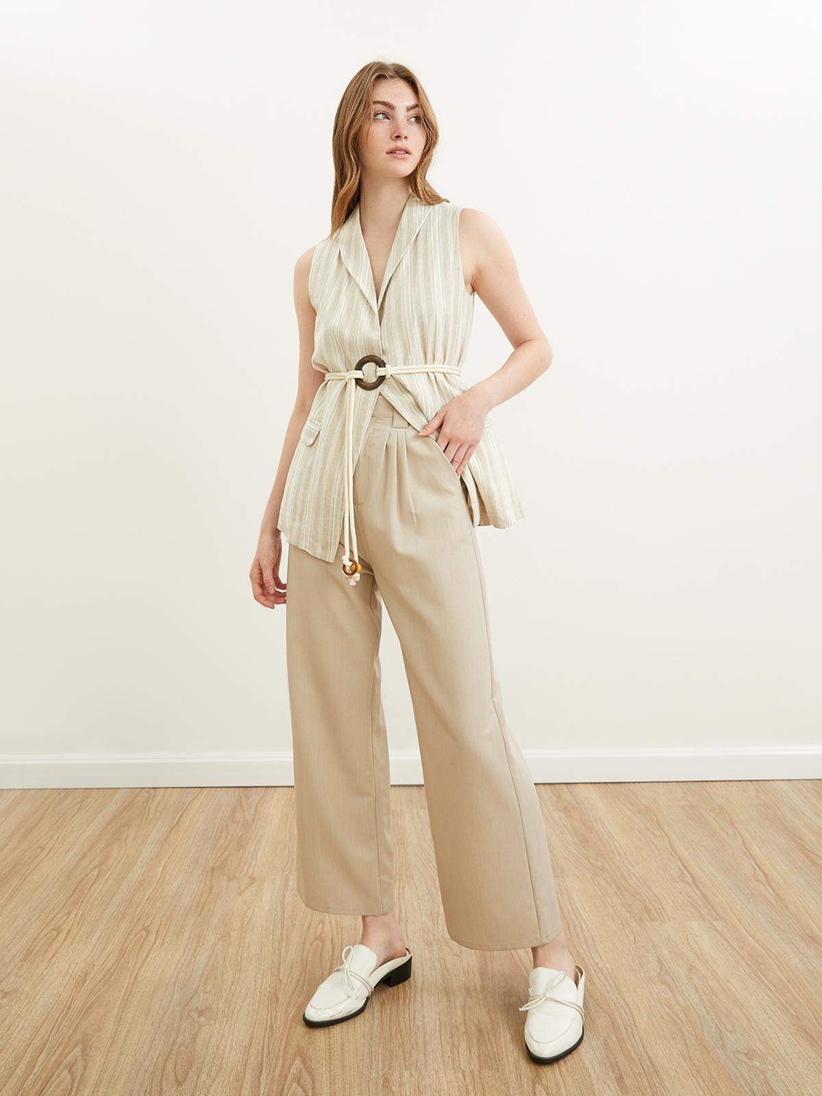 High Waist Pleated Pants - Beige